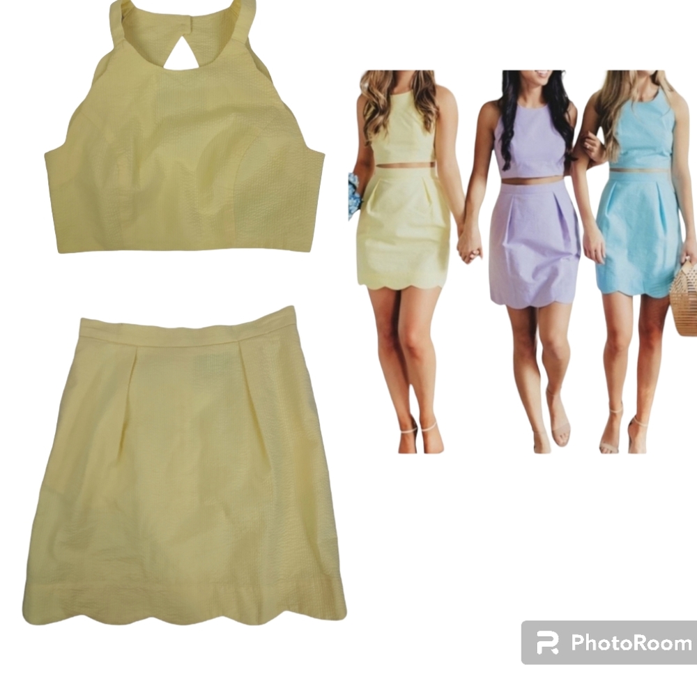Lauren James Seersucker Skirt & Cropped Halter Shirt NWOT SMALL Yellow 2PC Set